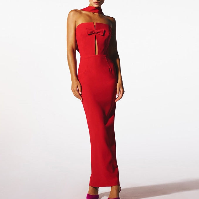 Red RUBEC Cut Out Evening Dress Gown | i The Label – I The Label