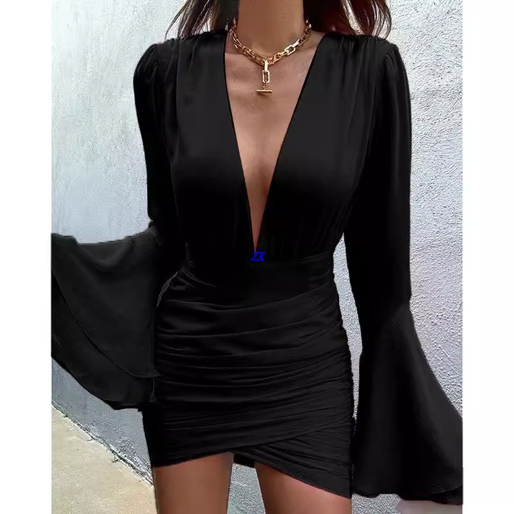 FUTEA Deep V Bell Sleeves Mini Dress