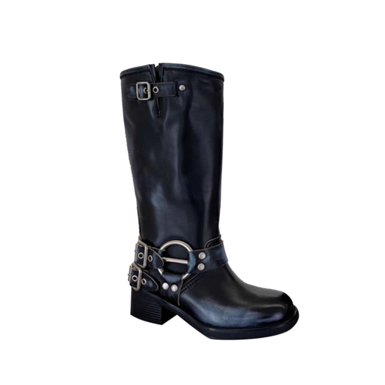 HAUGA Buckled Leather Knee High Boots