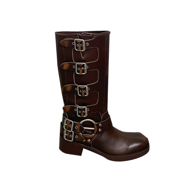 HAUGA Buckled Leather Knee High Boots