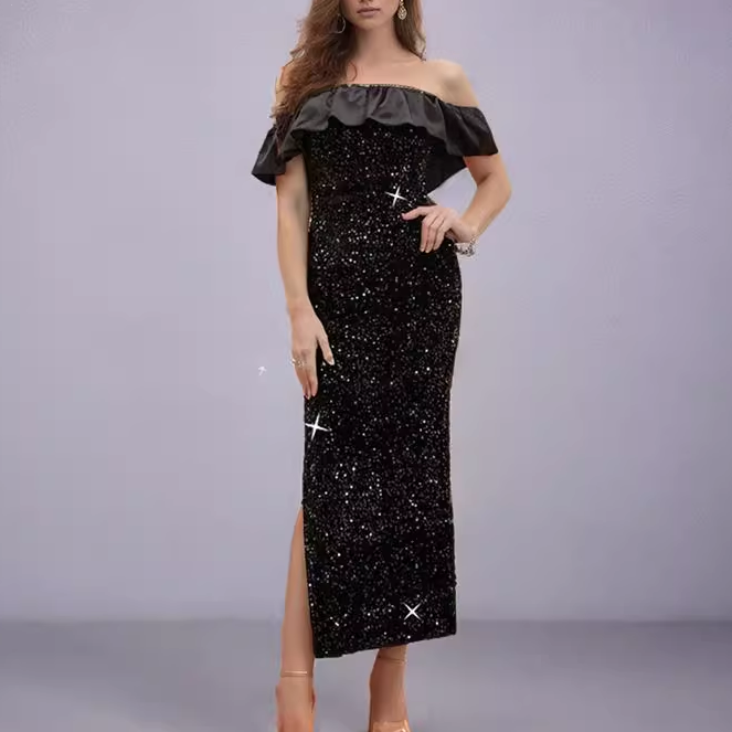 HETOC Ruffled Off-Shoulder Evening Dress Gown
