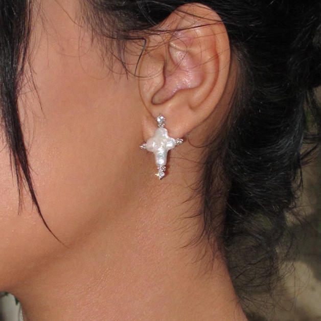 HEVKA Pearl Cross Earrings - Pair