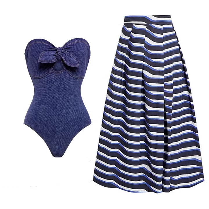HEZEK Bow Swimwear And Striped Skirt