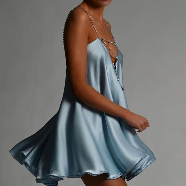 gio diamante mini dress Blue HUIJO Diamante Deep V Mini Dress