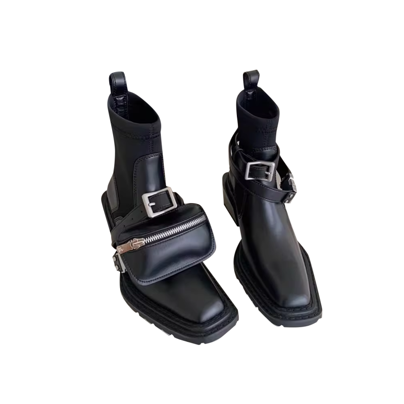 JORRA Leather Utility Biker Boots With Pockets
