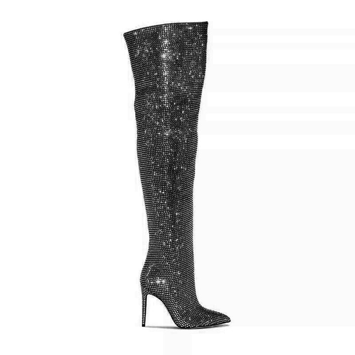 JUIHE Diamante Stiletto Heel Over The Knee Boots - 11.5cm