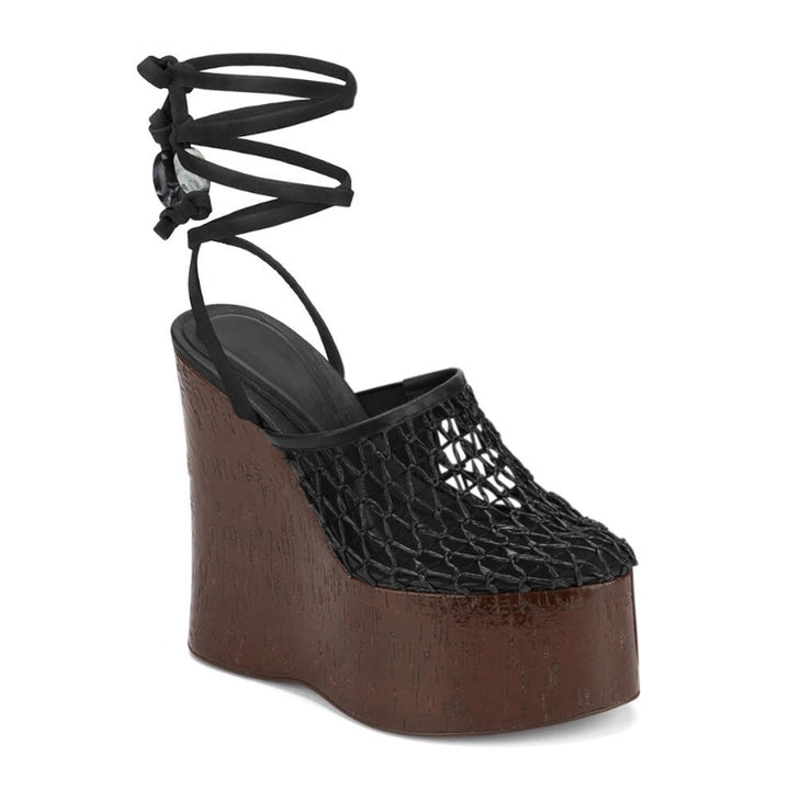 JUKCA Lace Up Fishnet Platform Sandals