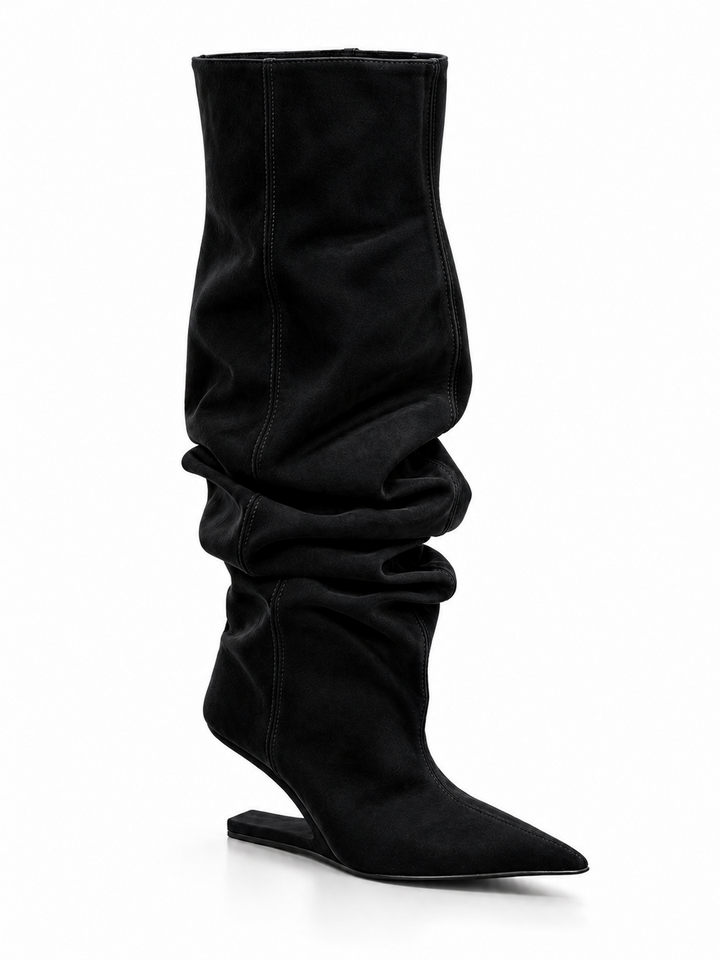 KALCI SUEDE SCULPTURED HEEL KNEE HIGH BOOTS