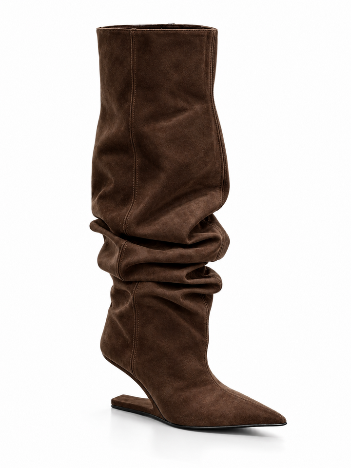 KALCI SUEDE SCULPTURED HEEL KNEE HIGH BOOTS