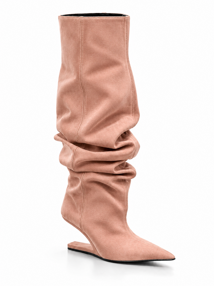 KALCI SUEDE SCULPTURED HEEL KNEE HIGH BOOTS