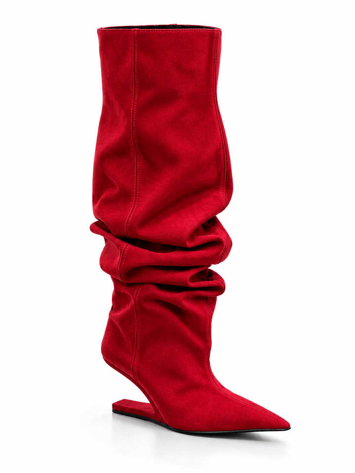 KALCI SUEDE SCULPTURED HEEL KNEE HIGH BOOTS