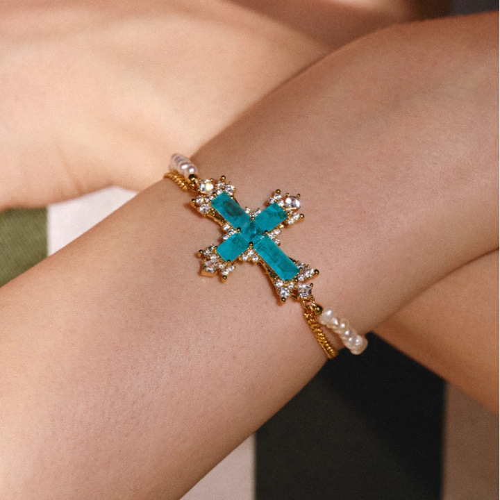 KESUX Diamante And Pearl Cross Bracelet