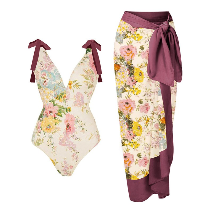 KOISA Bow Printed Swimwear And Asymmetric Hem Skirt
