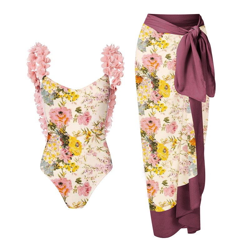 KOISA Flower Printed Swimwear And Asymmetric Hem Skirt