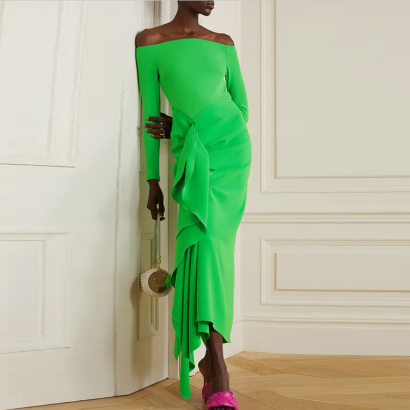 Green KULPE Off-Shoulder Ruffled Evening Dress Gown | i The Label – I ...