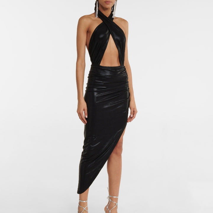 LANIC Cut Out Asymmetric Hem Evening Dress Gown