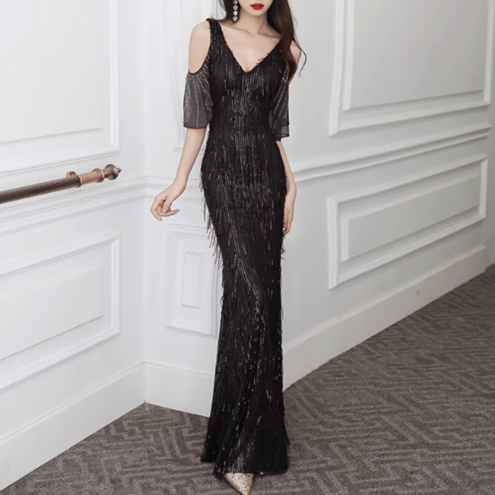 MUBVO Fringed Cold-Shoulder Evening Dress Gown