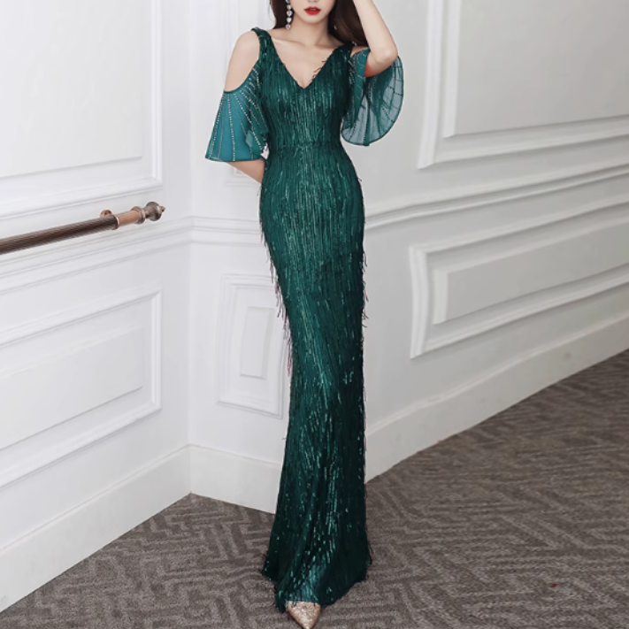 MUBVO Fringed Cold-Shoulder Evening Dress Gown