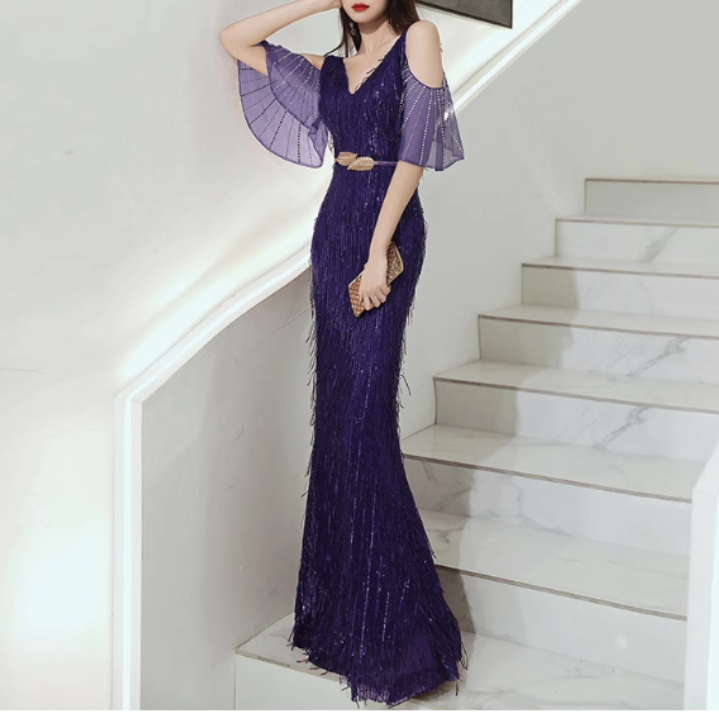 MUBVO Fringed Cold-Shoulder Evening Dress Gown