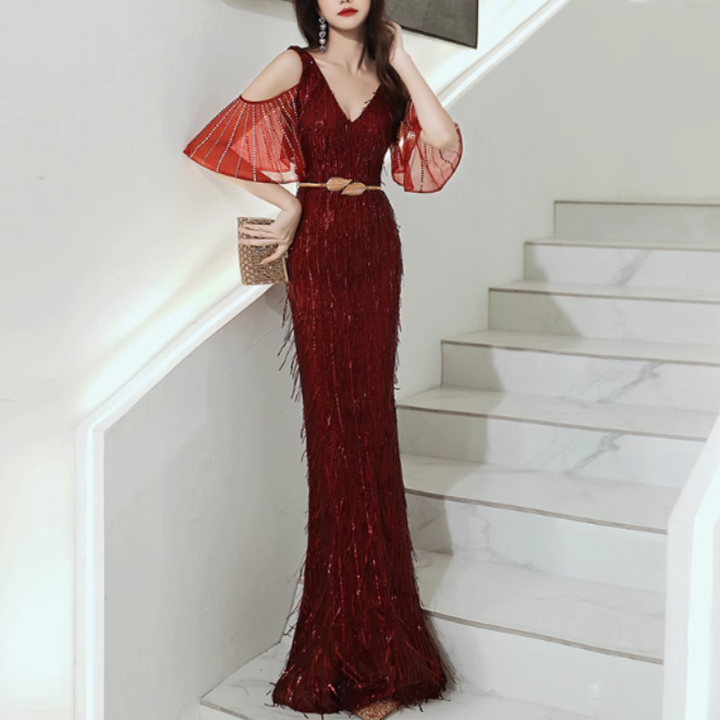 MUBVO Fringed Cold-Shoulder Evening Dress Gown