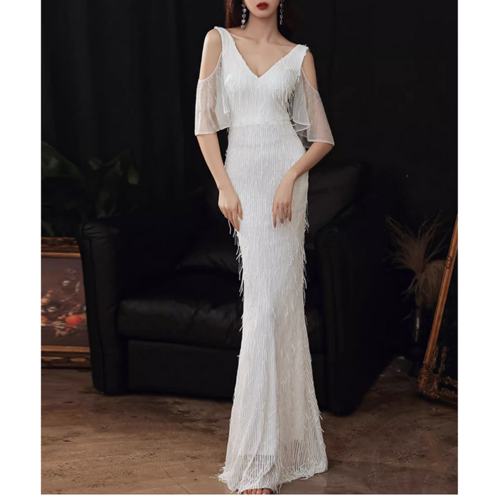MUBVO Fringed Cold-Shoulder Evening Dress Gown