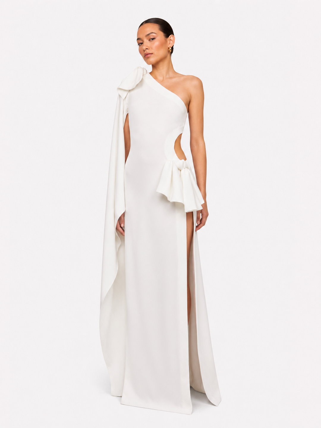 white cut out one shoulder dress Cut-out One-shoulder Wedding Dress With Slit Skirt, Sparkle 3D Lace for Reception Wedding - (ROSY)