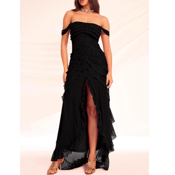 NUMOG Ruffled Off-Shoulder Slip Evening Dress Gown