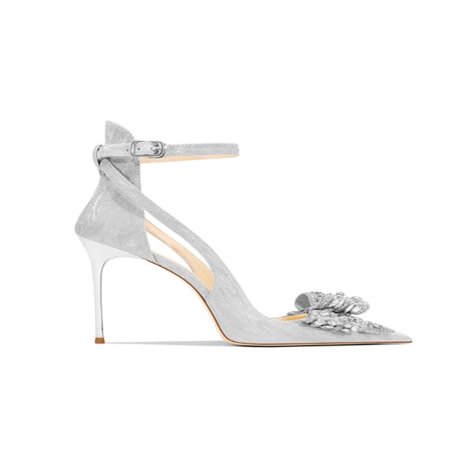 NVOCA Diamante Bow Mid Heel Sandals - 6cm