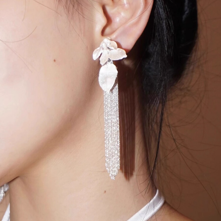 PESRI Leaf And Diamante Fringed Earrings - Pair