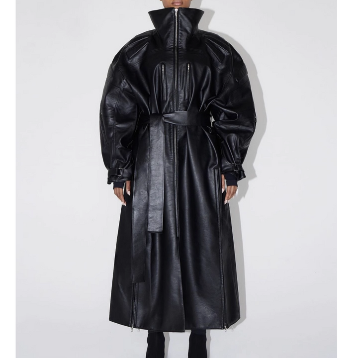 QRECA Strap Leather Long Coat