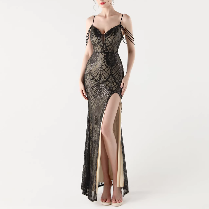 Apricot Black RAOCE Sequinned Slip Evening Dress Gown | i The Label  I The  Label
