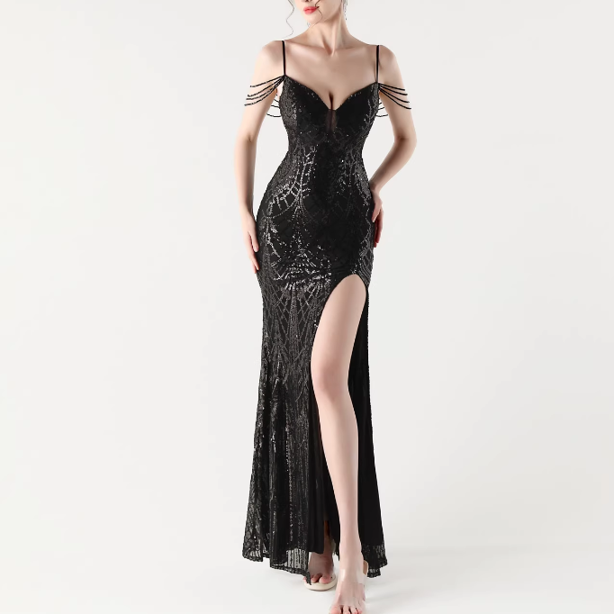 RAOCE Sequinned Slip Evening Dress Gown
