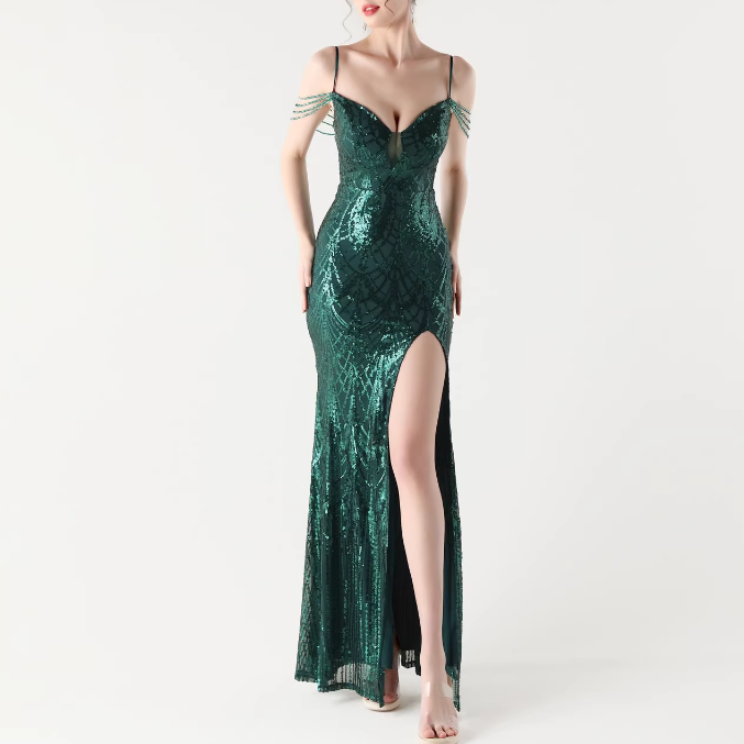 RAOCE Sequinned Slip Evening Dress Gown