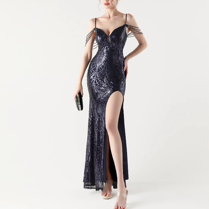 RAOCE Sequinned Slip Evening Dress Gown