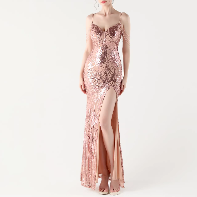 RAOCE Sequinned Slip Evening Dress Gown