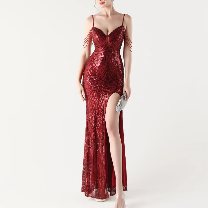 RAOCE Sequinned Slip Evening Dress Gown