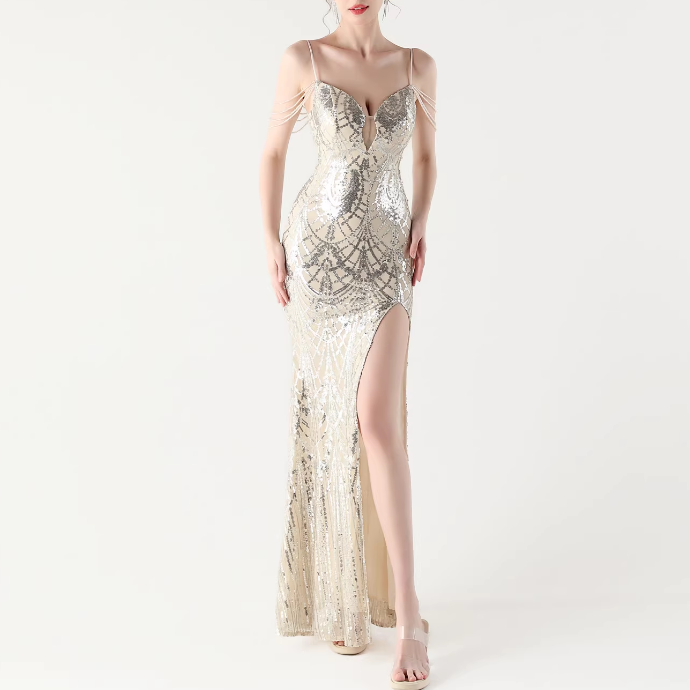 RAOCE Sequinned Slip Evening Dress Gown