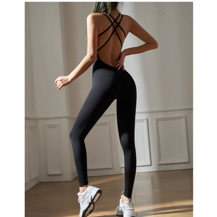 RECUO Yoga Pilates Backless Fitted One-Piece Workout Bodysuit Jumpsuit Romper
