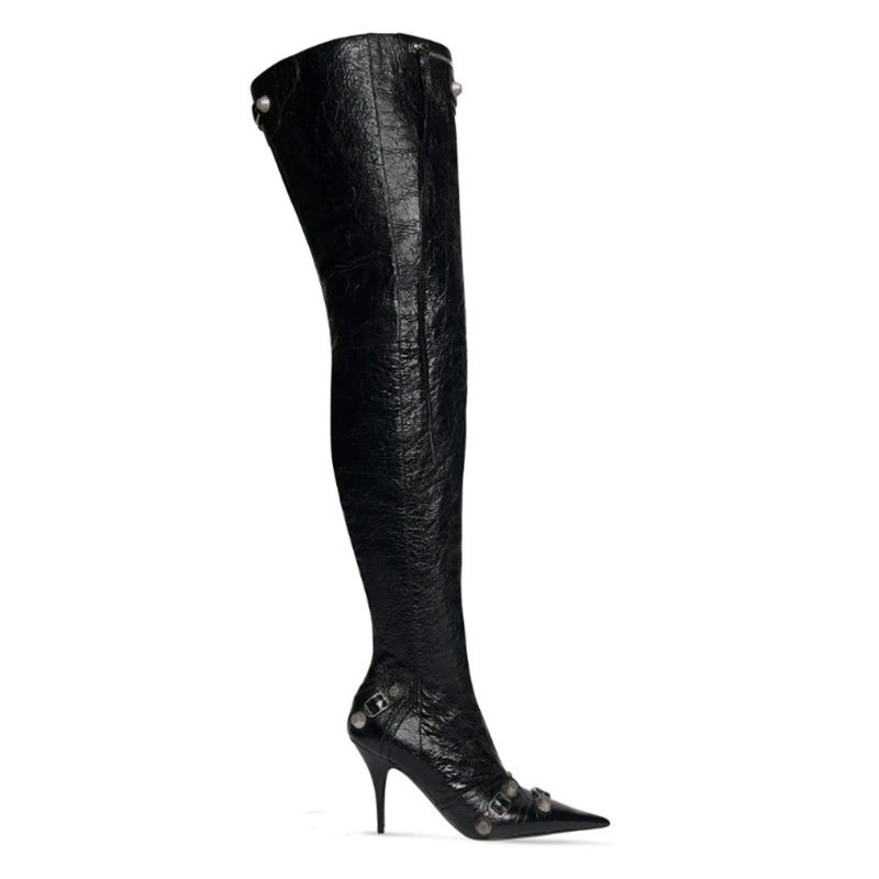 RETHA Studded And Buckled Leather Over The Knee Boots - 9.5cm