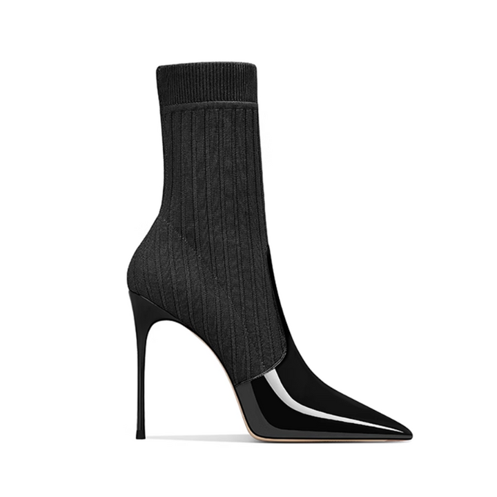 ROFNU Knit And Patent Leather Ankle Boots