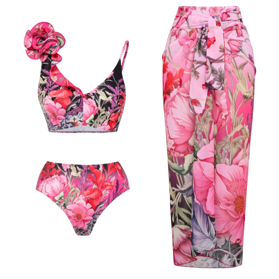 SARON Flower Embellished Printed Swimwear And Printed Skirt