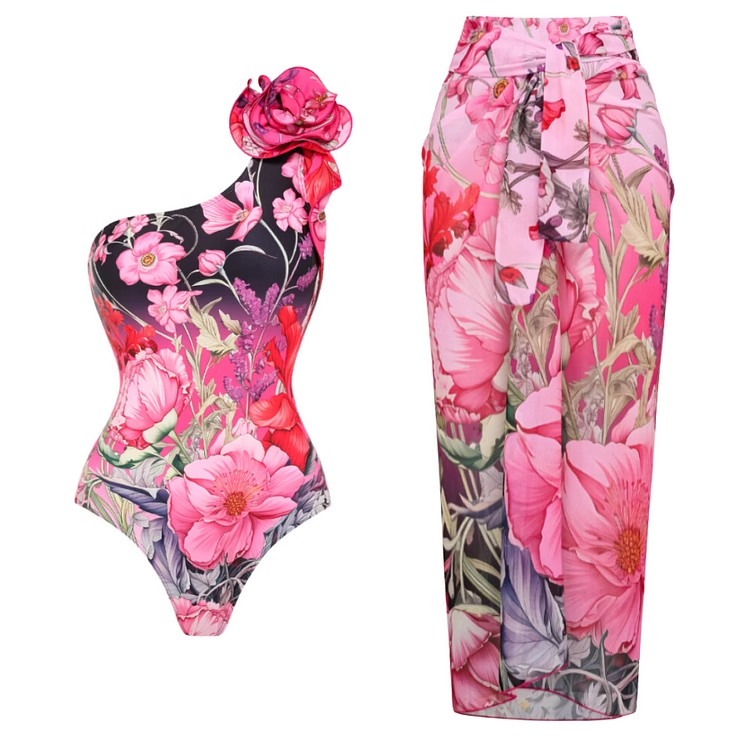 SARON Flower Embellished Printed Swimwear And Skirt