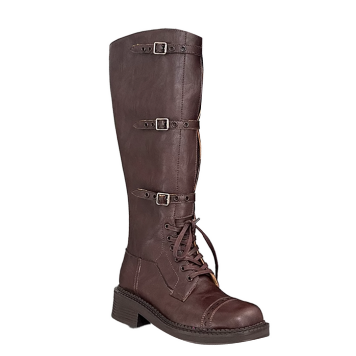 SOVCA Buckled Lace Up Knee High Boots