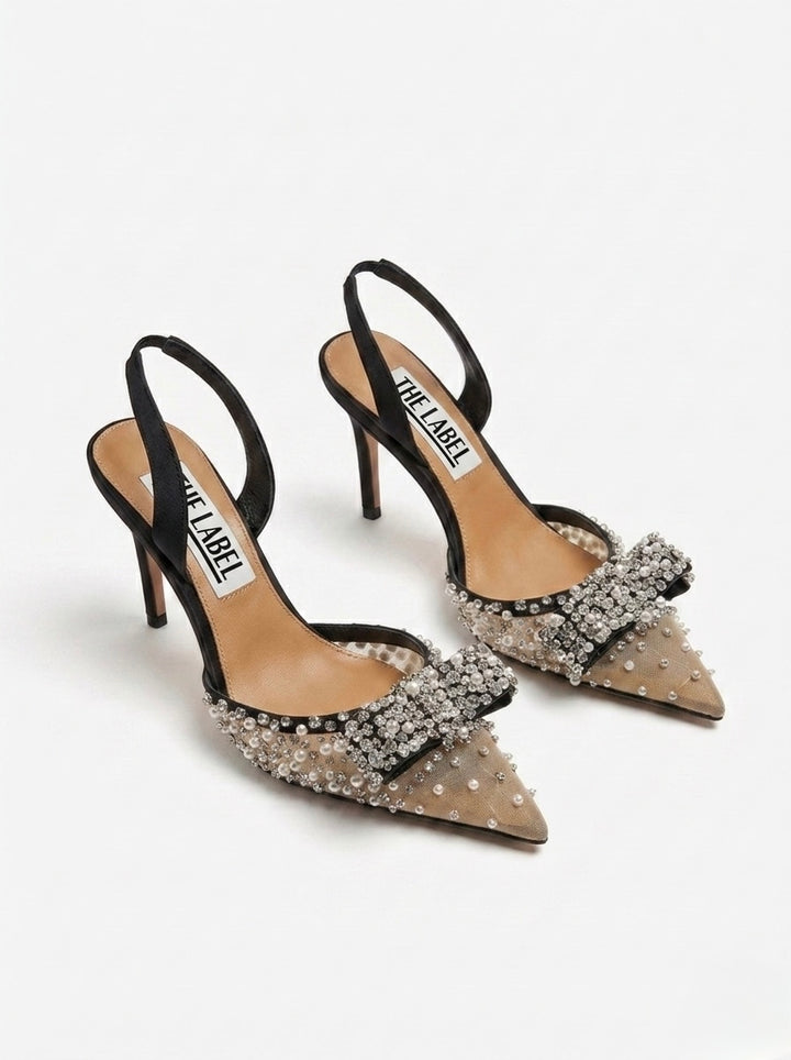 STELLA BOW CRYSTAL-EMBELLISHED MESH SLINGBACK PUMPS