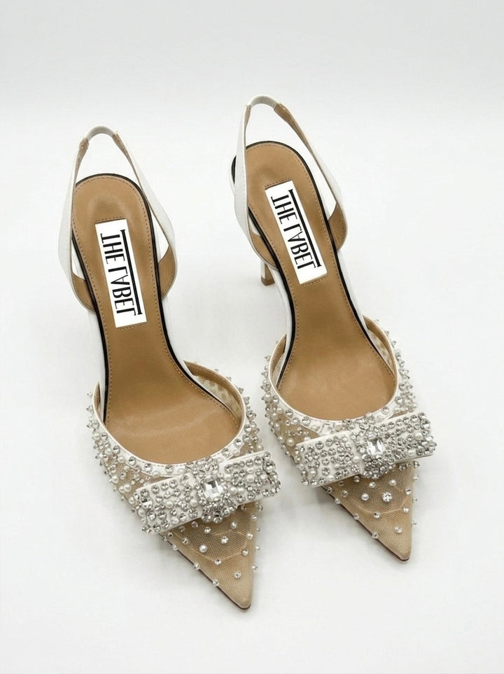 STELLA BOW CRYSTAL-EMBELLISHED MESH SLINGBACK PUMPS