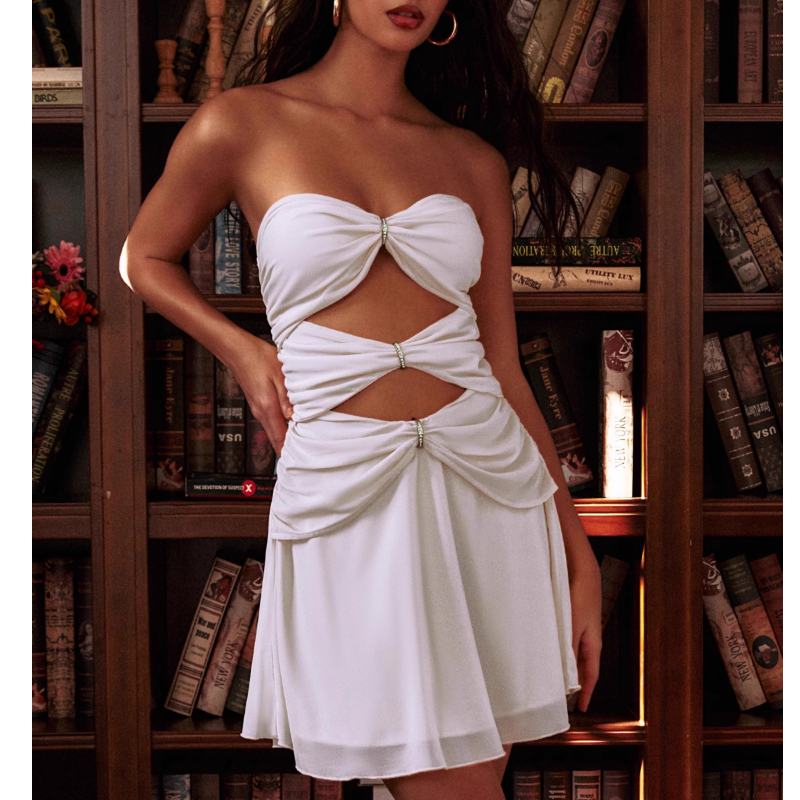 knee length dresses for ladies Chic White Mesh Smocking Tube Mini Dress – Highly Praise
