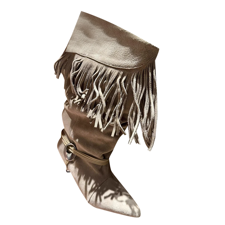 VACHR Fringed Kitten Heel Knee High Boots