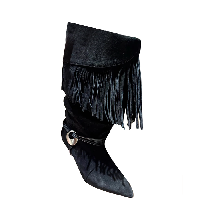 VACHR Fringed Kitten Heel Knee High Boots