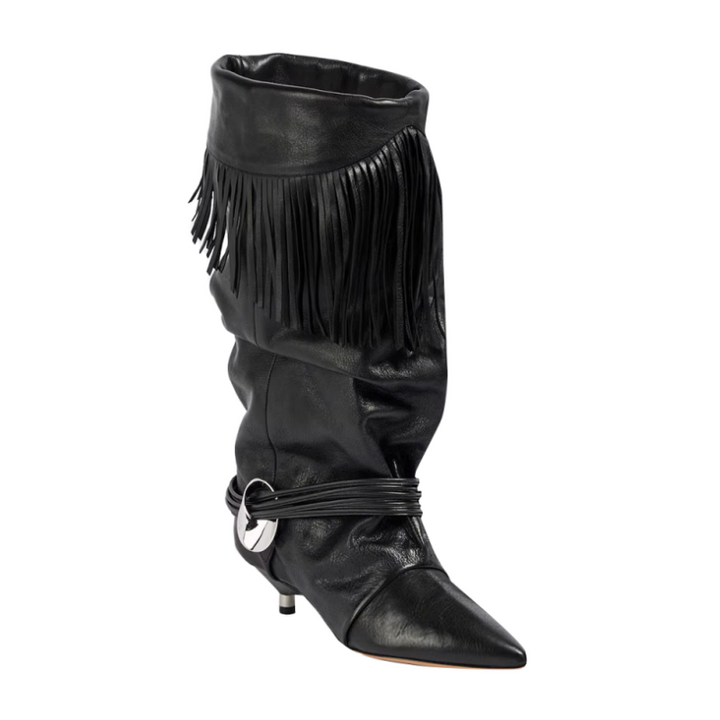 VACHR Fringed Kitten Heel Knee High Boots