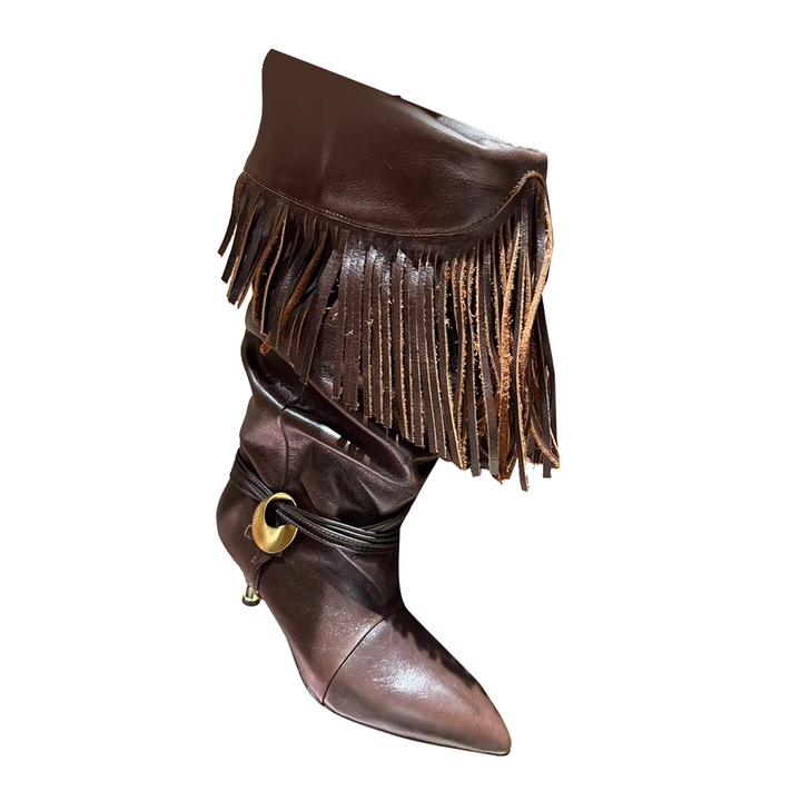 VACHR Fringed Kitten Heel Knee High Boots